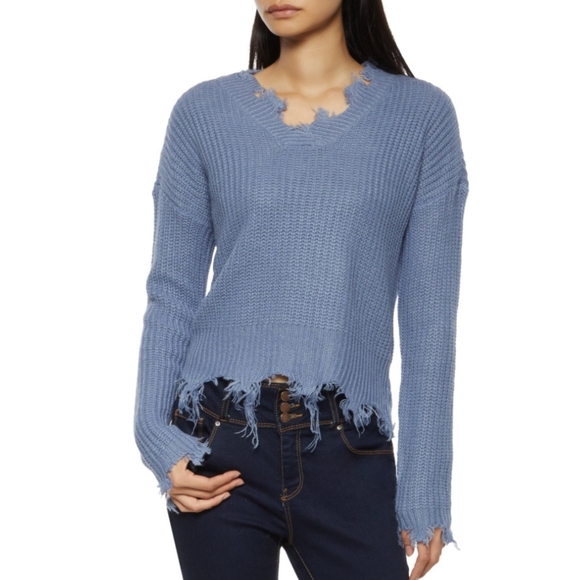 NWT Steel Blue Distressed Sweater - Picture 1 of 9